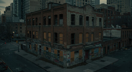 Vacant building with boarded up windows downtown district
