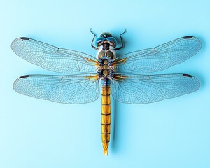 Blue-orange dragonfly, top view, light blue background, still life