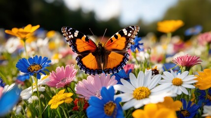 Obraz premium Butterfly resting on colorful wildflowers in a serene meadow during a sunny day