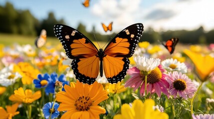 Fototapeta premium Wild butterflies fluttering over vibrant wildflowers in a sunny meadow during the golden hour