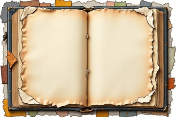 Collage-style illustration of a book with torn paper edges, mixed textures, and vintage elements
