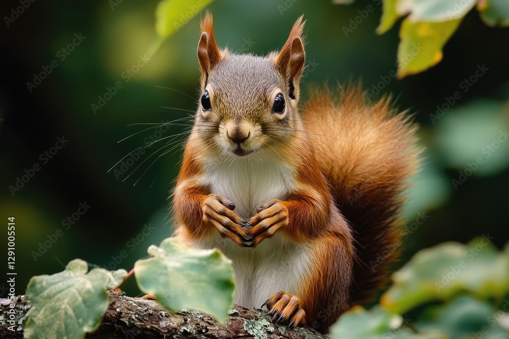 Poster a squirrel perched high on a tree branch, possibly eating or resting