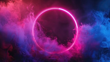 A bright neon circle glowing in shades of pink and blue, surrounded by swirling multicolored smoke on a dark background.