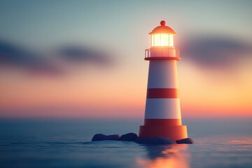 Red and White Lighthouse Standing Upon a Rocky Water Coastline