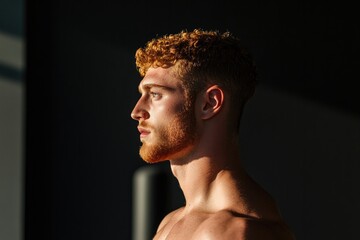 Profile of young man with striking curly hair illuminated by sof