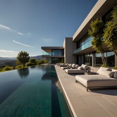 Fototapeta premium Luxury hotel swimming pool with glass walls and balcony view of the sea and garden
