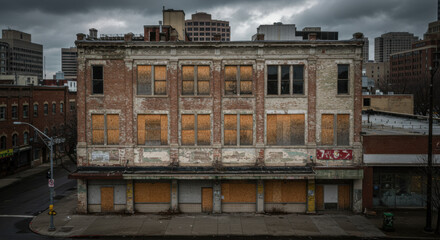 Vacant building with boarded up windows downtown district