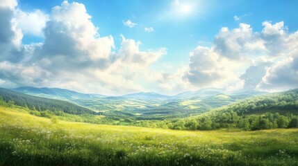 Obraz premium Lush Green Meadow Under a Bright Blue Sky with Fluffy Clouds