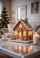 Cozy living room with a gingerbread house on the coffee table and milk glass nearby, ambiance, decor, living room