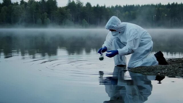 Scientist in protective suit taking water samples from misty lake