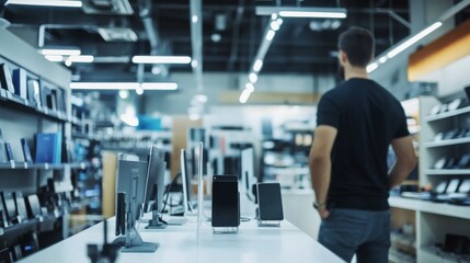 Thief alert at a tech store, staff spotting suspicious behavior. Featuring swift response and gadget protection