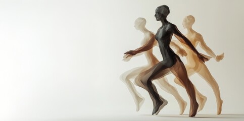 An abstract digital artwork depicting translucent human figures in motion, creating a layered effect of movement and fluidity.
