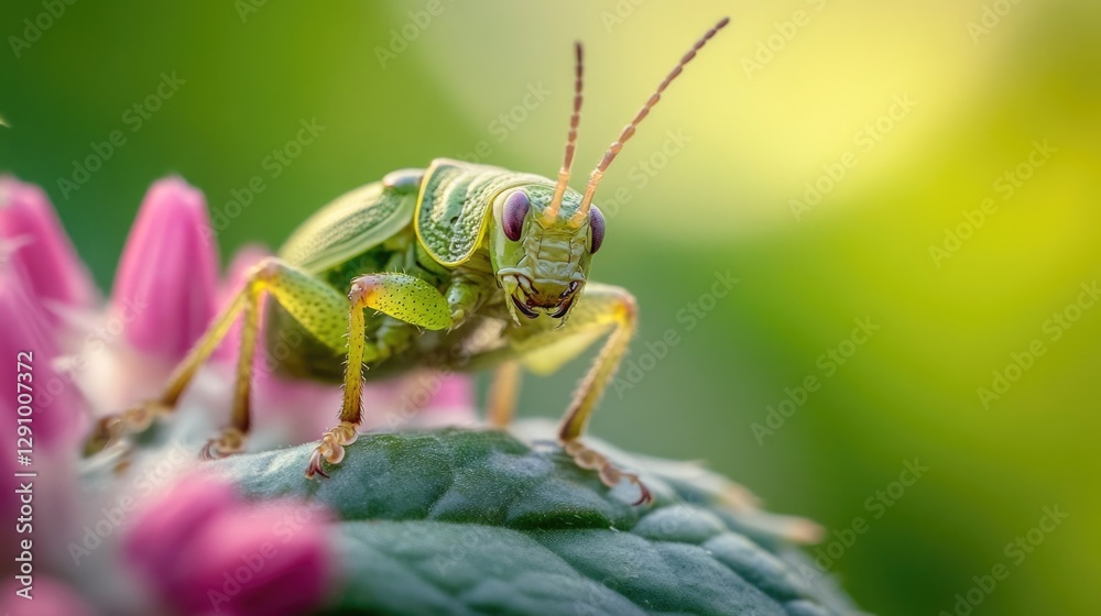Poster a close-up shot of a grasshopper sitting on a colorful flower, perfect for illustrating nature and w