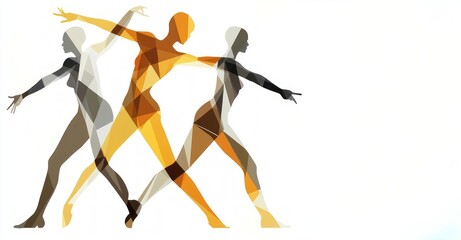 Fototapeta premium Three abstract figures in action pose, composed of geometric shapes, triangles, squares, dynamic movement, minimalistic design.