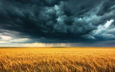 Dramatic stormy sky over an open prairie with golden wheat fields