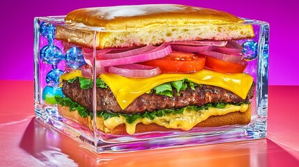 a high-resolution photo of Gourmet burger served in a transparent cube plate with molecular elements. isolated on color background, photorealistic, ultra-sharp focus, clear details, studio lighting,