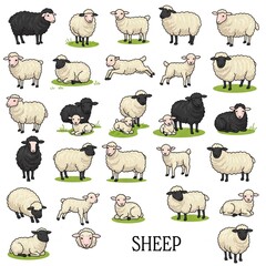 Fototapeta premium Cute Sheep Illustration Collection with White and Black Sheep Variations on Grass Isolated on White