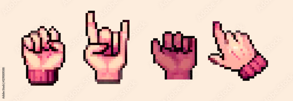 Poster pixel art vector illustration of diverse hand gestures, including a fist, rock sign, and pointing fi