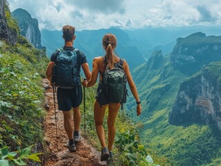 Obraz premium Images of young couples travelling along picturesque mountain trails with panoramic views of the ocean, lush greenery and rocky cliffs, symbolising outdoor adventures, relaxation, travel and nature ex
