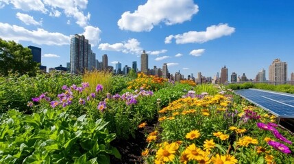 Fototapeta premium Green rooftop garden flourishing with native plants amidst a city skyline on a sunny day