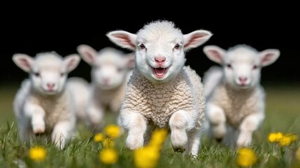 Obraz premium Group of playful baby lambs enjoying a sunny day in a vibrant green field filled with flowers