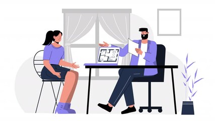 Flat-style scene animation focusing on brokerage activities, including stock market trading, real estate brokerage, and client interactions in a professional business environment.