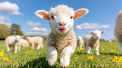 Obraz premium Baby lambs enjoy a sunny day in a vibrant green field filled with blooming flowers