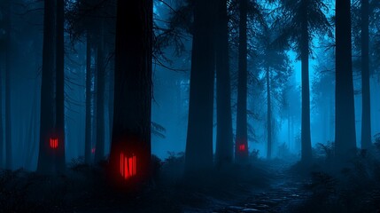 Obraz premium Eerie glowing red symbols on trees in a dark blue forest at night.