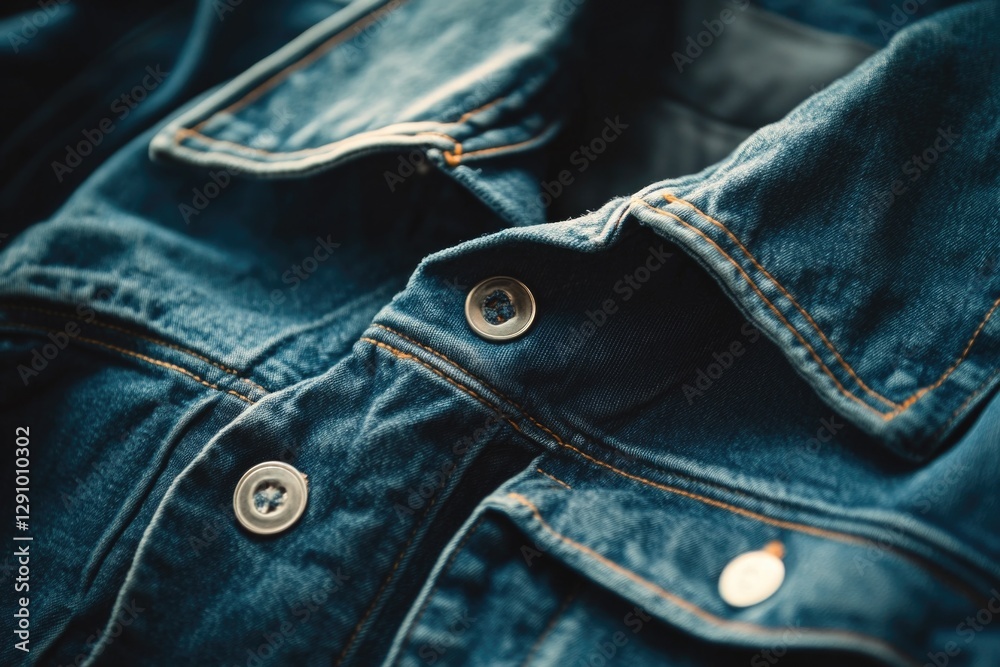 Poster a close-up view of a blue jean jacket with details on the fabric and stitching