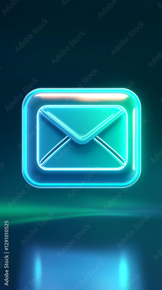Poster glowing neon email envelope icon in futuristic style with glowing blue and green lights, symbolizing
