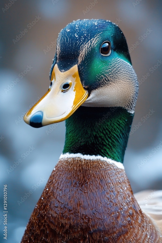 Poster a close-up shot of a duck's head with a blurred background
