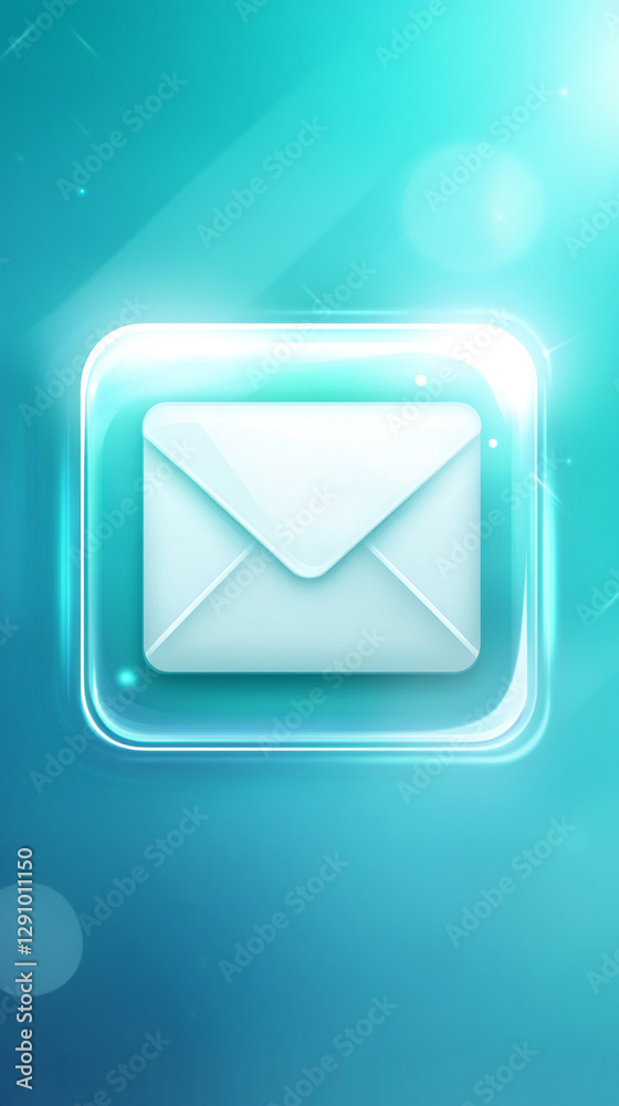 Poster glowing neon email icon in a futuristic design with a blue-green background, symbolizing digital com