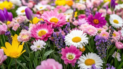 Obraz premium Lush meadow filled with vibrant wildflowers in pastel shades blooming under bright daylight