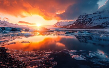 Fototapeta premium Icy glacier reflecting the warm glow of the rising sun