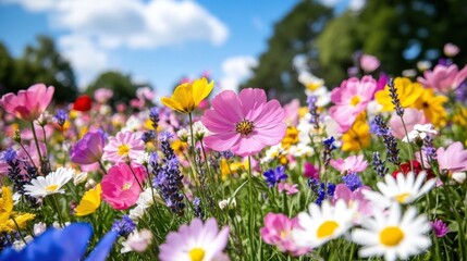 Obraz premium Vibrant meadow filled with pastel wildflowers under a bright blue sky in spring