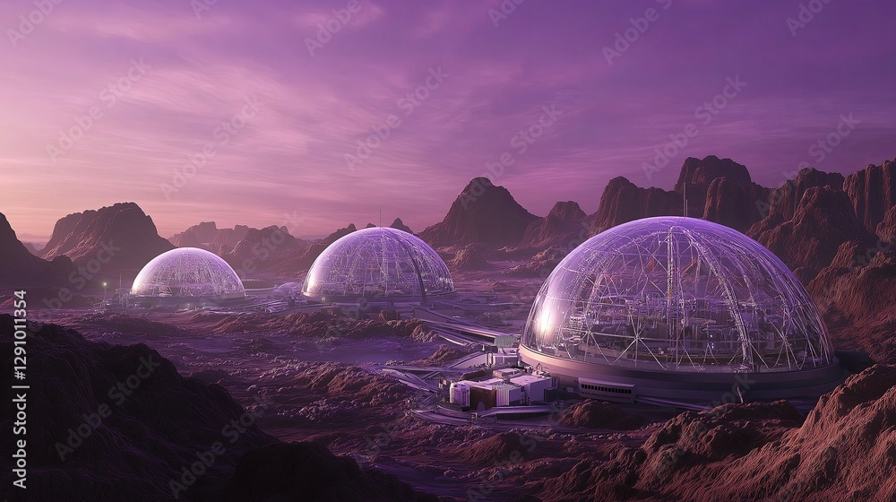Poster a glass dome colony built on mars under a violet sky