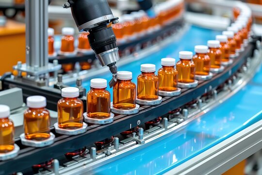 Robotic system filling sealing pharmaceutical bottles on conveyor belt in sterile production facility. Advanced automation ensures precision, efficiency, quality control in pharmaceutical.
