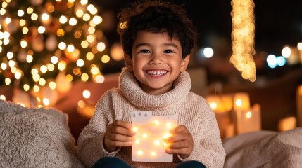 Naklejka premium Child holds illuminated card, Christmas lights background, festive cheer