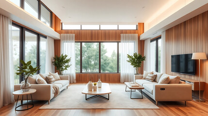 Fototapeta premium The modern living room is equipped with wooden paneling and large windows, using neutral tones, comfortable and elegant interior design pictures, and living room decoration2