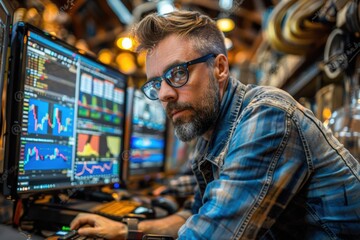 Software developer focused on writing blockchain code in modern workspace filled with multiple monitors displaying cryptocurrency data, graphs, and algorithms in a dark high-tech environment.