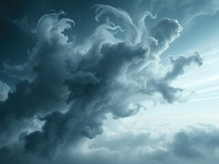 Fototapeta premium Dark grey and blue hues blend together to create an abstract cloud formation with wispy tendrils and a sense of movement in the air, sky, abstract art, moody atmosphere, clouds