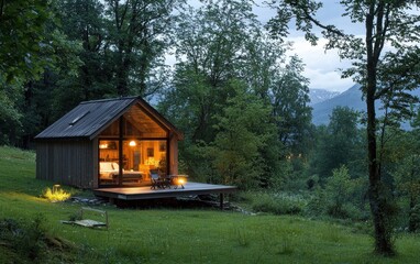 Picturesque countryside with a small wooden cabin