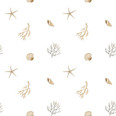Watercolor pattern underwater beige seashells, corals. Seamless marine print. Hand drawn illustrations in vintage starfish, spiral, scallop white background for textile design fabric clothes wallpaper