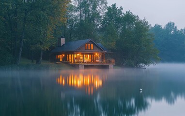 Obraz premium Picturesque lake house reflecting on calm water at sunrise
