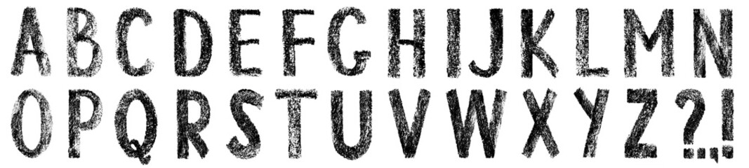 Grunge alphabet of capital letters on  transparent background for distressed textured font.	