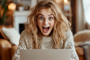 Excited Woman Reacts Joyfully While Using a Laptop Indoors