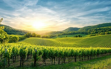Rolling green vineyards under a bright summer sky