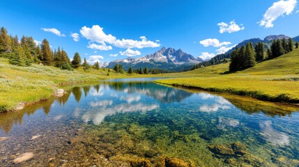 Fototapeta premium Majestic mountain landscape with a crystal-clear lake and lush greenery under a bright blue sky