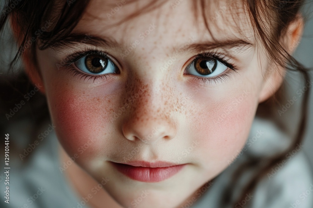 Wall mural A young girl's face with noticeable freckles, suitable for personal or commercial use