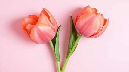Fototapeta premium Brightly colored tulips arranged elegantly on a soft pink surface highlighting their natural beauty